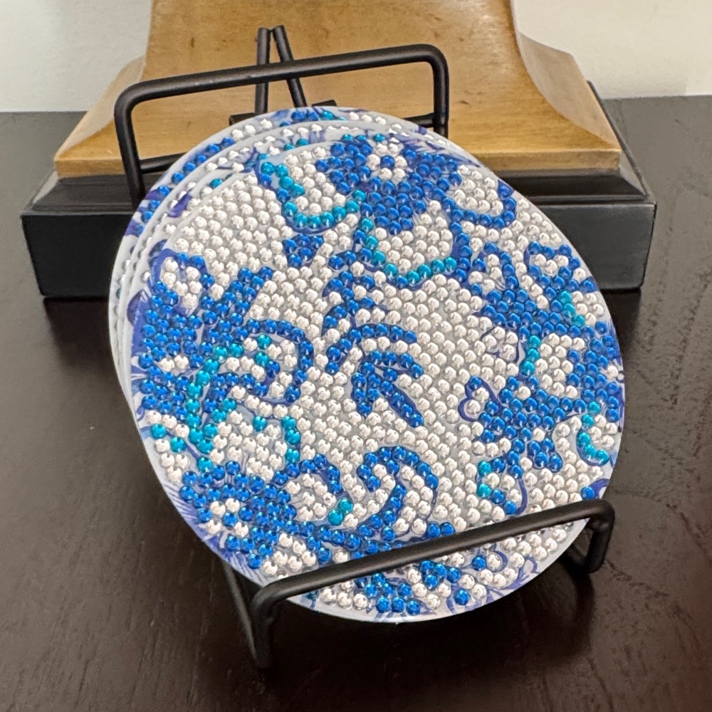Handcrafted Blue Floral Diamond Art Acrylic Coasters - Set of 4 - Picture 6 of 6